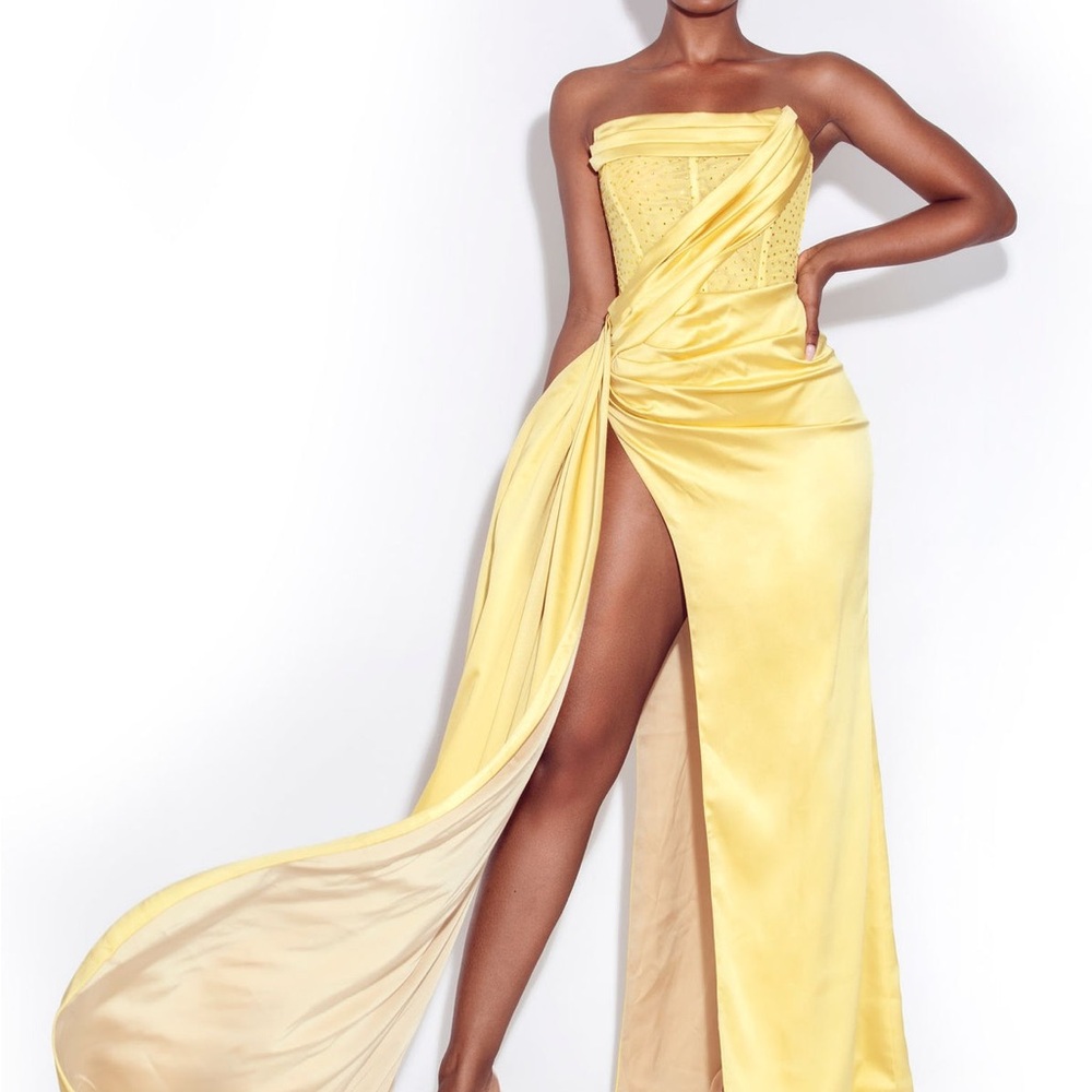 Lemon Crystallized Corset High Slit Satin Gown